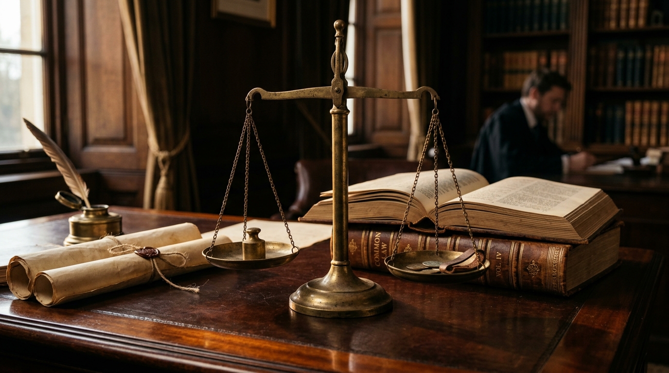 Antique brass scales of justice on mahogany advocate chamber desk with law books