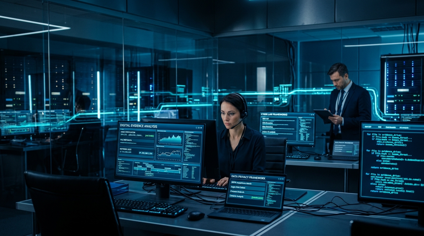 High-tech cyber forensics laboratory with data privacy frameworks and evidence verification screens